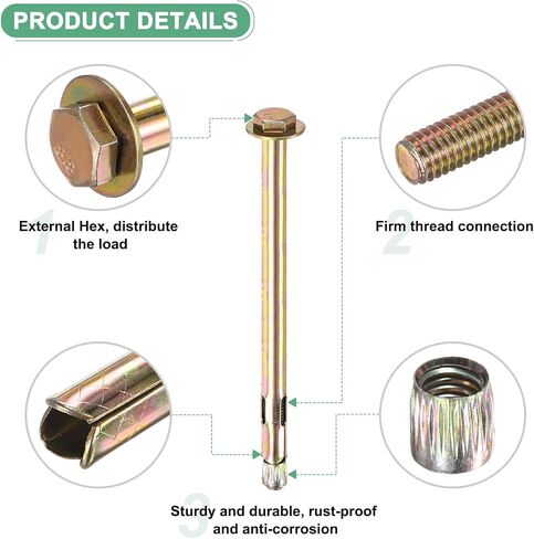 5-Pack Hex Expansion Bolt, M6x60mm Colored Galvanized Iron-Carbon Steel External Hex Expansion Bolts, Anti-Corrosion Metal Bolt for Concrete/Dry Brick/Block Walls in Saudi Arabia