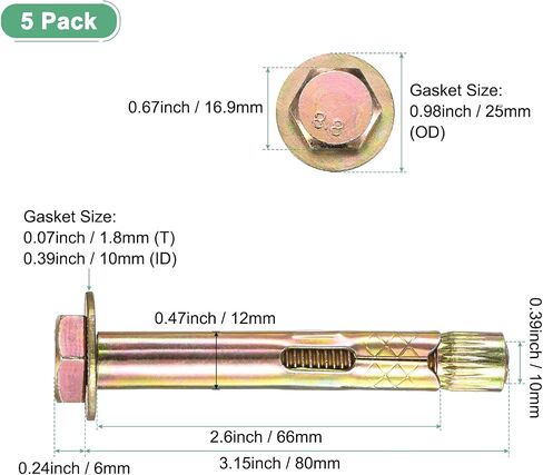 5-Pack Hex Expansion Bolt, M6x60mm Colored Galvanized Iron-Carbon Steel External Hex Expansion Bolts, Anti-Corrosion Metal Bolt for Concrete/Dry Brick/Block Walls in Saudi Arabia
