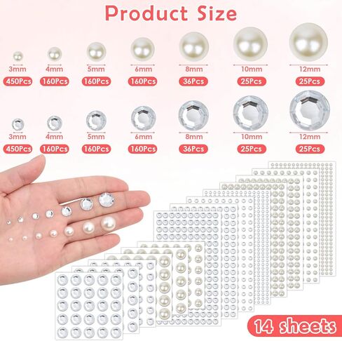 7 Sizes Self Adhesive Hair Pearl Stickers, Cridoz 2032 Pieces Stick on Pearls gems Sticker for Hair, Face, Makeup, Eye, Nail, Crafts in Saudi Arabia