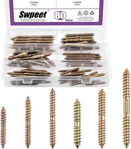Swpeet 120Pcs 7 Sizes Color Zinc Hanger Bolts Assortment Kit, Double Headed Bolts, Self-Tapping Screw Hanger Bolts, Dowel Screw Bolts Threaded Rods Bolt Furniture Screws for Wood Furniture Joint in Saudi Arabia