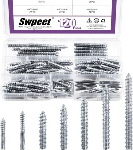 Swpeet 120Pcs 7 Sizes Color Zinc Hanger Bolts Assortment Kit, Double Headed Bolts, Self-Tapping Screw Hanger Bolts, Dowel Screw Bolts Threaded Rods Bolt Furniture Screws for Wood Furniture Joint in Saudi Arabia