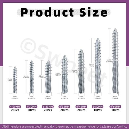 Swpeet 120Pcs 7 Sizes Color Zinc Hanger Bolts Assortment Kit, Double Headed Bolts, Self-Tapping Screw Hanger Bolts, Dowel Screw Bolts Threaded Rods Bolt Furniture Screws for Wood Furniture Joint in Saudi Arabia
