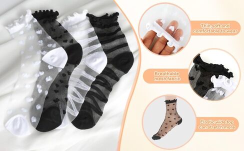 4 Pairs Sheer Socks Women Black Ruffle Ankle Socks for Women Thin Lace See Through Sock Transparent Heart Striped Summer in Saudi Arabia