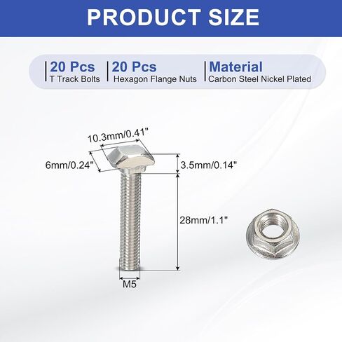 PATIKIL M5 x 30 mm T-Slot Bolts, 20 Sets Drop-in Bolt Hammer Head with Hexagon Flange Nuts T-Bolt Stud Sliding Screw for 20 Series Aluminum Extrusion Profile, Silver in Saudi Arabia