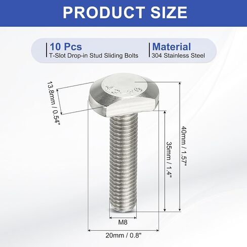 PATIKIL M8 x 35 mm T Slot Bolts, 10 Pcs 304 Stainless Steel Drop-in Bolt T Shape Stud Sliding Screw Metric Thread Hammer Head Bolt for T Track, Silver in Saudi Arabia