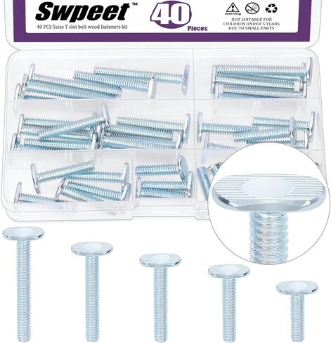 Swpeet 40Pcs 5 Sizes 1/4-20 x 1/1-1/4“ / 1-1/2" / 1-3/4" / 2" Silver T Track Bolts Assortment Kit, T Slot Bolts Jig Bolts Tee Bolt Set for Universal T Track, Woodworking Jigs in Saudi Arabia
