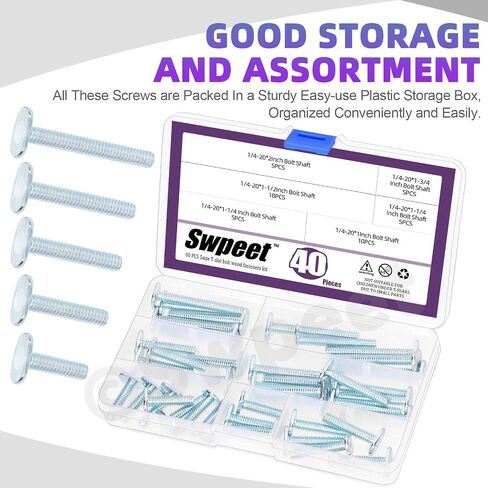 Swpeet 40Pcs 5 Sizes 1/4-20 x 1/1-1/4“ / 1-1/2" / 1-3/4" / 2" Silver T Track Bolts Assortment Kit, T Slot Bolts Jig Bolts Tee Bolt Set for Universal T Track, Woodworking Jigs in Saudi Arabia