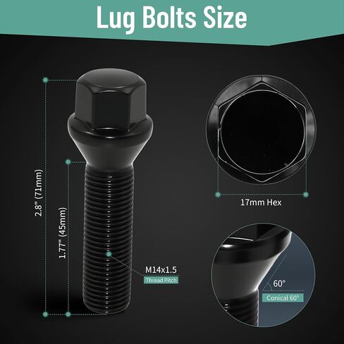 M14x1.5 Black Wheel Lug Bolts – 45mm Thread Length, 17mm Hex, 60° Conical Seat – Compatible with Wheel Spacers & European Vehicles – 20 Pack in Saudi Arabia