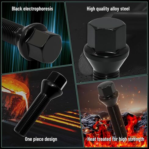 M14x1.5 Black Wheel Lug Bolts – 45mm Thread Length, 17mm Hex, 60° Conical Seat – Compatible with Wheel Spacers & European Vehicles – 20 Pack in Saudi Arabia