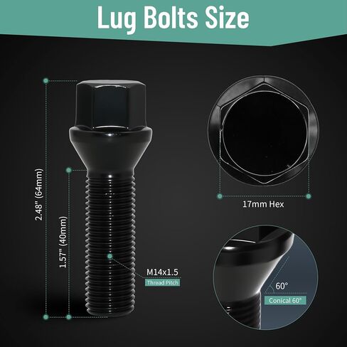 M14x1.5 Black Wheel Lug Bolts – 45mm Thread Length, 17mm Hex, 60° Conical Seat – Compatible with Wheel Spacers & European Vehicles – 20 Pack in Saudi Arabia
