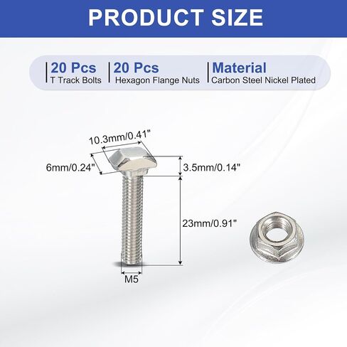 PATIKIL M5 x 30 mm T-Slot Bolts, 20 Sets Drop-in Bolt Hammer Head with Hexagon Flange Nuts T-Bolt Stud Sliding Screw for 20 Series Aluminum Extrusion Profile, Silver in Saudi Arabia