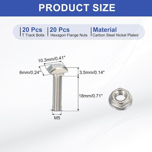 PATIKIL M5 x 30 mm T-Slot Bolts, 20 Sets Drop-in Bolt Hammer Head with Hexagon Flange Nuts T-Bolt Stud Sliding Screw for 20 Series Aluminum Extrusion Profile, Silver in Saudi Arabia