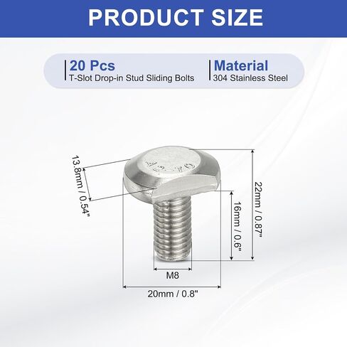 PATIKIL M8 x 35 mm T Slot Bolts, 10 Pcs 304 Stainless Steel Drop-in Bolt T Shape Stud Sliding Screw Metric Thread Hammer Head Bolt for T Track, Silver in Saudi Arabia
