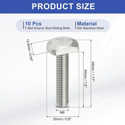 PATIKIL M8 x 35 mm T Slot Bolts, 10 Pcs 304 Stainless Steel Drop-in Bolt T Shape Stud Sliding Screw Metric Thread Hammer Head Bolt for T Track, Silver in Saudi Arabia