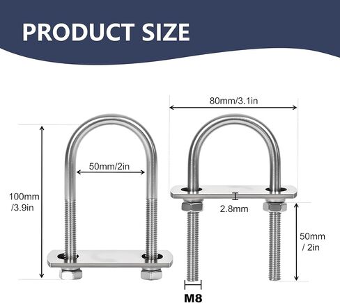 2 Sets M10 U-Bolts,u-Bolts 2" (50mm) Wide,304 Stainless Steel u-Bolts,with Nuts,Bolt Plate and washers (2, M10 x 50mm x 115mm) in Saudi Arabia