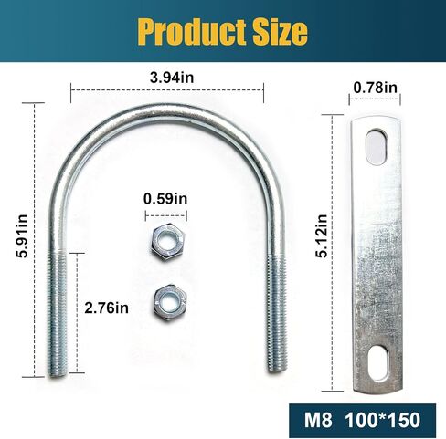 2 Sets M8 U-Bolt, 2" Wide U Bolt with Washers and Nuts, Heavy Duty Galvanized Carbon Steel Round U Bolts for Trailers, Boats, Replacement Parts and Accessories for Ski Boat, Fishing Boat in Kuwait