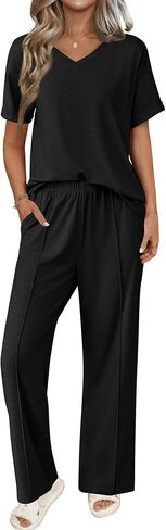 بيجامات Ekouaer للنساء مجموعة 2 قطعة قصيرة الأكمام مع السراويل الطويلة ضد الرقبة ناعمة PJS صالة عرضية مع جيوب in Kuwait