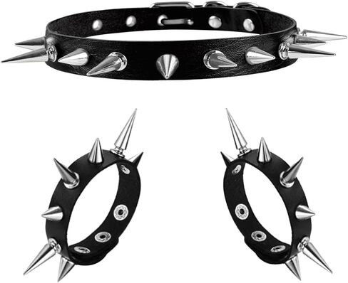 3 Pieces Punk Choker Jewelry Set,Spiked Leather Collar Necklace + Spike Rivets Bracelets Cool Punk Accessories for 80s 90s Women Men in Kuwait