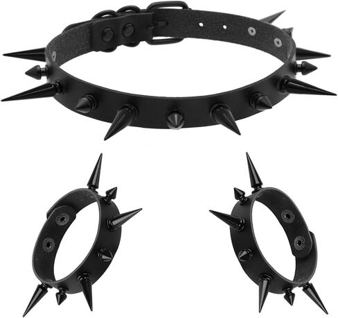 3 Pieces Punk Choker Jewelry Set,Spiked Leather Collar Necklace + Spike Rivets Bracelets Cool Punk Accessories for 80s 90s Women Men in Kuwait