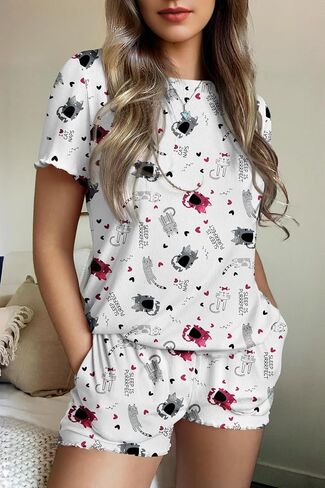 Ekouaer Womens Pjs 2 Piece Ribbed Knit Pajamas Colorful Pattern Sleep Set Short Sleeve Pajamas Set Casual Lounge Sets Black Pjs L in Saudi Arabia