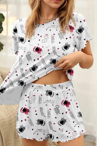 Ekouaer Womens Pjs 2 Piece Ribbed Knit Pajamas Colorful Pattern Sleep Set Short Sleeve Pajamas Set Casual Lounge Sets Black Pjs L in Saudi Arabia