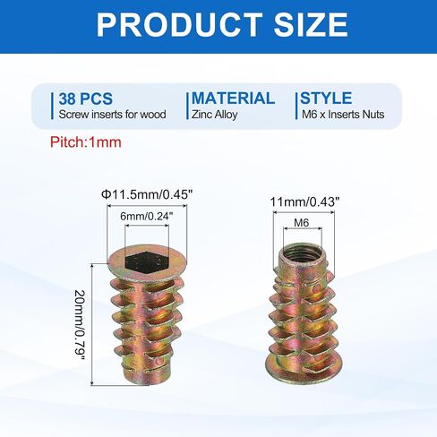 MECCANIXITY 38Pcs Threaded Inserts Nuts, M6x20mm Hex Socket Drive Nut Inserts for Wood - Zinc Alloy Screws Furniture Screw in Nuts Bolt Fastener in Kuwait