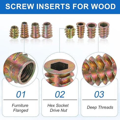 MECCANIXITY 38Pcs Threaded Inserts Nuts, M6x20mm Hex Socket Drive Nut Inserts for Wood - Zinc Alloy Screws Furniture Screw in Nuts Bolt Fastener in Kuwait