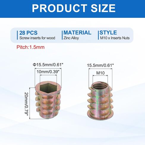 MECCANIXITY 38Pcs Threaded Inserts Nuts, M6x20mm Hex Socket Drive Nut Inserts for Wood - Zinc Alloy Screws Furniture Screw in Nuts Bolt Fastener in Kuwait