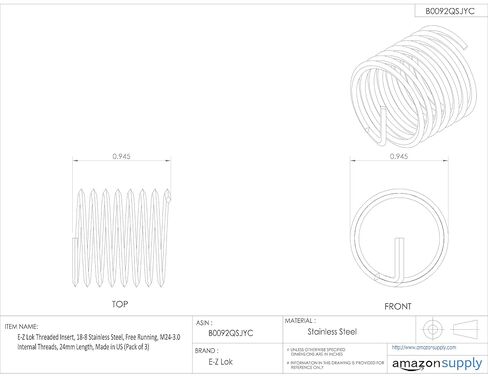 E-Z Lok Threaded Insert, 18-8 Stainless Steel, Helical, M24-2.0 Internal Threads, 36mm Length (Pack of 3) in Saudi Arabia