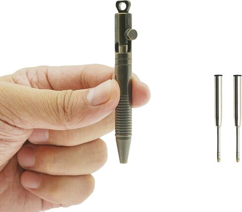 Mini Brass Bolt Action Pen with Keychain, Handmade EDC Pocket Pen, 76 mm with 2 Replacement Refills & Gift Box (Bronze) in Kuwait