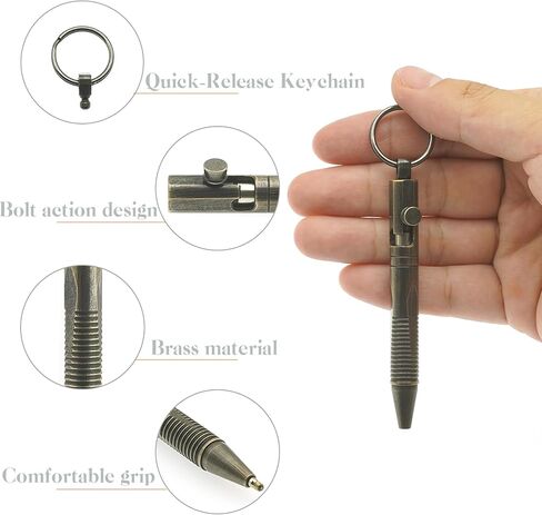 Mini Brass Bolt Action Pen with Keychain, Handmade EDC Pocket Pen, 76 mm with 2 Replacement Refills & Gift Box (Bronze) in Kuwait