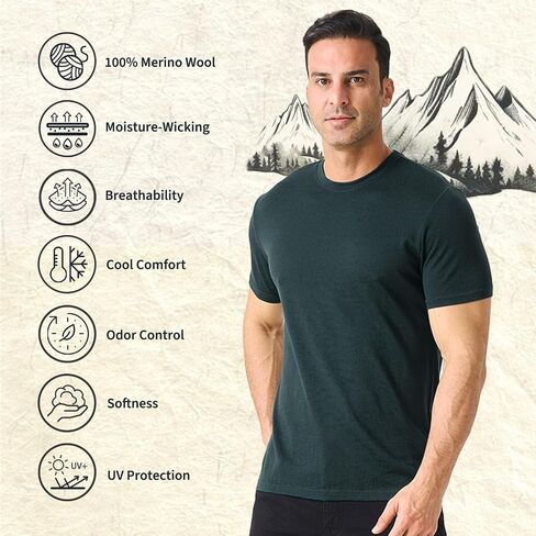 Merino Protect 100 ٪ Merino Wool T-Shirt for Men Short Sleve Slim Fit Undershirt قميص Tee Lightweight Tee Teae للتنزه في السفر (Xlarge-Plus) in Kuwait