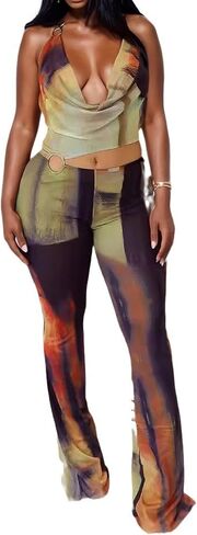 Sexy Jumpsuits for Women Mesh Halter Sleeveless Cut out Tie Dye Jumpsuit Party Clubwear in Kuwait