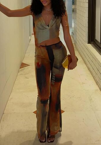 Sexy Jumpsuits for Women Mesh Halter Sleeveless Cut out Tie Dye Jumpsuit Party Clubwear in Kuwait