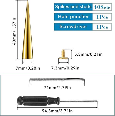 40sets Spikes and Studs Kit,7x40mm Gold Cone Clothing Spike Stud Rivet with Tool for Clothes Crafts in Saudi Arabia