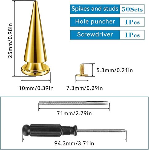 40sets Spikes and Studs Kit,7x40mm Gold Cone Clothing Spike Stud Rivet with Tool for Clothes Crafts in Saudi Arabia