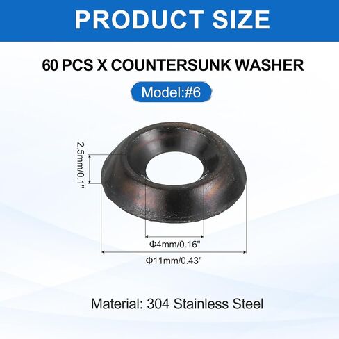 MECCANIXITY 60 Pcs #6 Countersunk Finish Washers, 304 Stainless Steel Cup Washer Gasket for Screws Bolts Machinery Construction, Black in Saudi Arabia