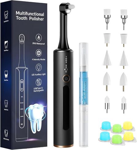 Tooth Polisher Kit with 4 Speed Modes, 5 Brush Heads, 6 Polishing Pastes & Desensitizing Gel,Rechargeable Electric Tooth Polishing Tool with LED Light & Travel Case, Home Use Teeth Whitening Cleaner in Saudi Arabia