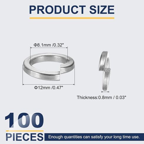 MECCANIXITY M8 Spring Lock Washer, 304 Stainless Steel Split Lock Washers for Screws Bolts Cars Construction Machinery Silver Pack of 100 in Kuwait