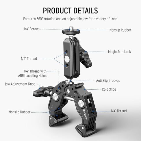NEEWER Heavy Duty Super Clamp with Two 360° Dual Ball Head Magic Arms, 1/4" 3/8" Screw Threads, Phone & Action Camera Mount Adapter for Flat/Round Surface Compatible with GoPro DJI Insta360 DSLR, ST89 in Saudi Arabia
