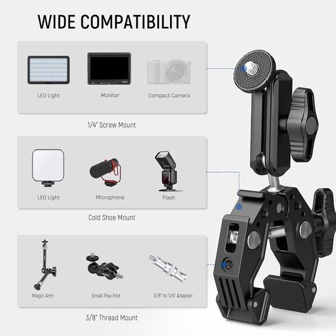 NEEWER Heavy Duty Super Clamp with Two 360° Dual Ball Head Magic Arms, 1/4" 3/8" Screw Threads, Phone & Action Camera Mount Adapter for Flat/Round Surface Compatible with GoPro DJI Insta360 DSLR, ST89 in Saudi Arabia