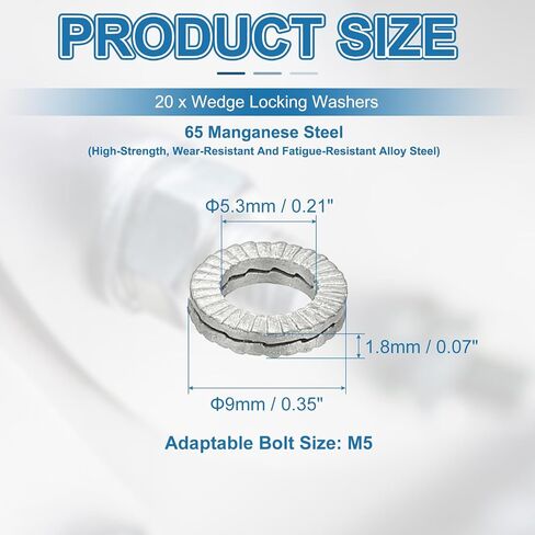 غسالات قفل Patikil Wedge ، 20 حزمة غسالات أمان مقاومة للاهتزاز من المنغنيز لمسمار البراغي M12 (12.8 × 19.5 مم معرف*OD) in Kuwait