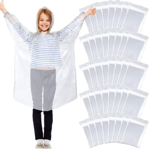 Berlune 40 Pcs Kid Ponchos Bulk Disposable Kids Rain Ponchos Bulk Emergency Raincoat with Drawstring Hood and Elastic Sleeves in Saudi Arabia