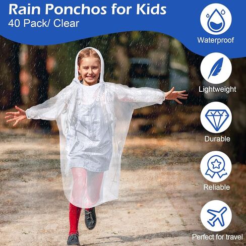 Berlune 40 Pcs Kid Ponchos Bulk Disposable Kids Rain Ponchos Bulk Emergency Raincoat with Drawstring Hood and Elastic Sleeves in Saudi Arabia