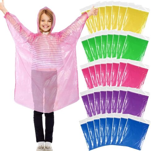 Berlune 40 PCS Kid Ponchos Bulk يمكن التخلص من الأطفال القطران في الطوارئ المعطف الطارئ مع غطاء محرك الرباط والأكمام المرنة in Saudi Arabia