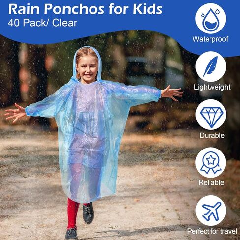 Berlune 40 PCS Kid Ponchos Bulk يمكن التخلص من الأطفال القطران في الطوارئ المعطف الطارئ مع غطاء محرك الرباط والأكمام المرنة in Saudi Arabia