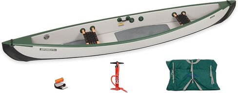 Sea Eagle TC16 Inflatable 16’ High Pressure Drop Stitch Travel Canoe-Wood Web Seats, Pump, Bag and Optional Paddles for Lakes, Rivers & Bays-Easy to Transport, Pack & Stow in Kuwait