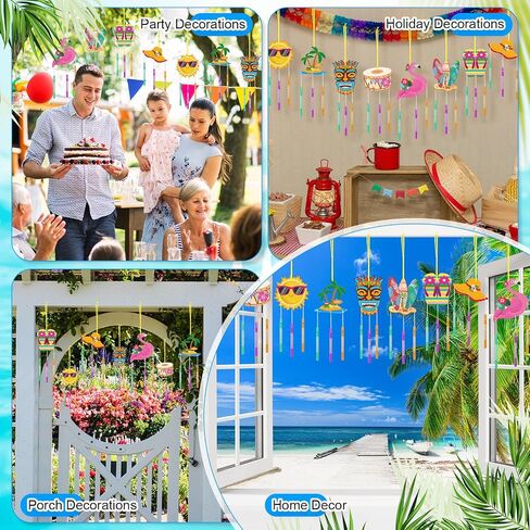 16 Pack Summer Wind Chime Kit Hawaii Craft Make Your Own Flamingos Tiki Surfboard Wind Chime DIY Wooden Hanging Ornaments Painting Craft for Hawaii Summer Family Activities Party Supplies in Saudi Arabia