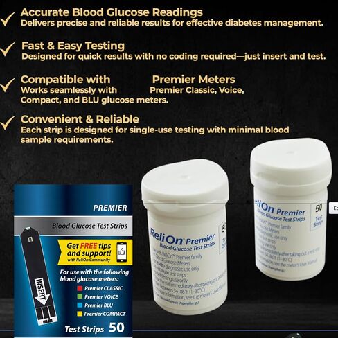 RELION Premier Test Strips 100 عدد ، متوافق مع RELI على الأمتار الأولى ، وشرائط اختبار الجلوكوز في الدم ، ومستلزمات السكري دليل السكري المكافأة in Kuwait