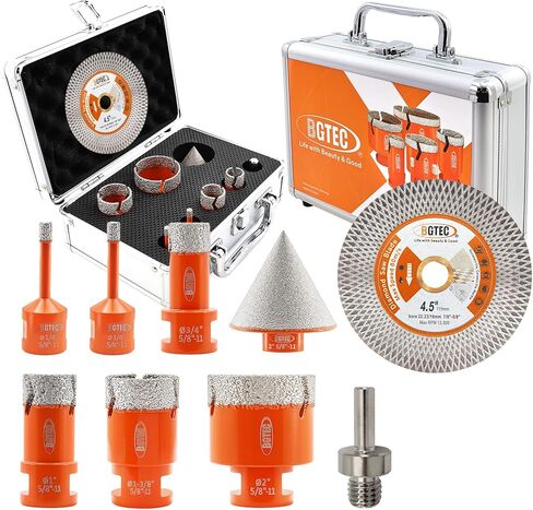 BGTEC Diamond Core Drill Bits-9pcs 5/8-11 Hoter tile Hole Saw 19/25/35/10/65/102mm+50mm Beveling Chamfer Bit+20mm إصبع+محول SDS للبوكليان من الجرانيت الخزفي البوسيلي in Kuwait